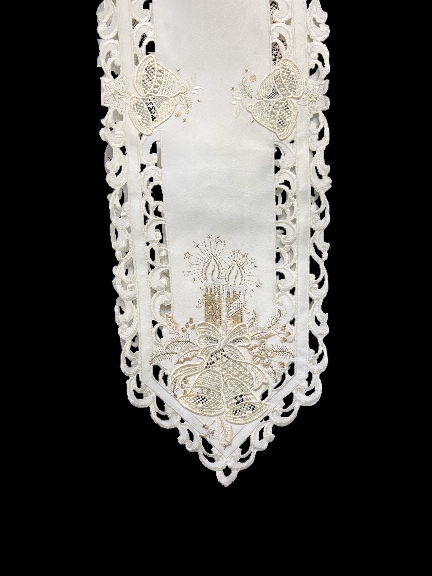 Christmas Candle Beige Lace Embroidered Cutwork Rectangular Table Runner, 15 by 43  inch