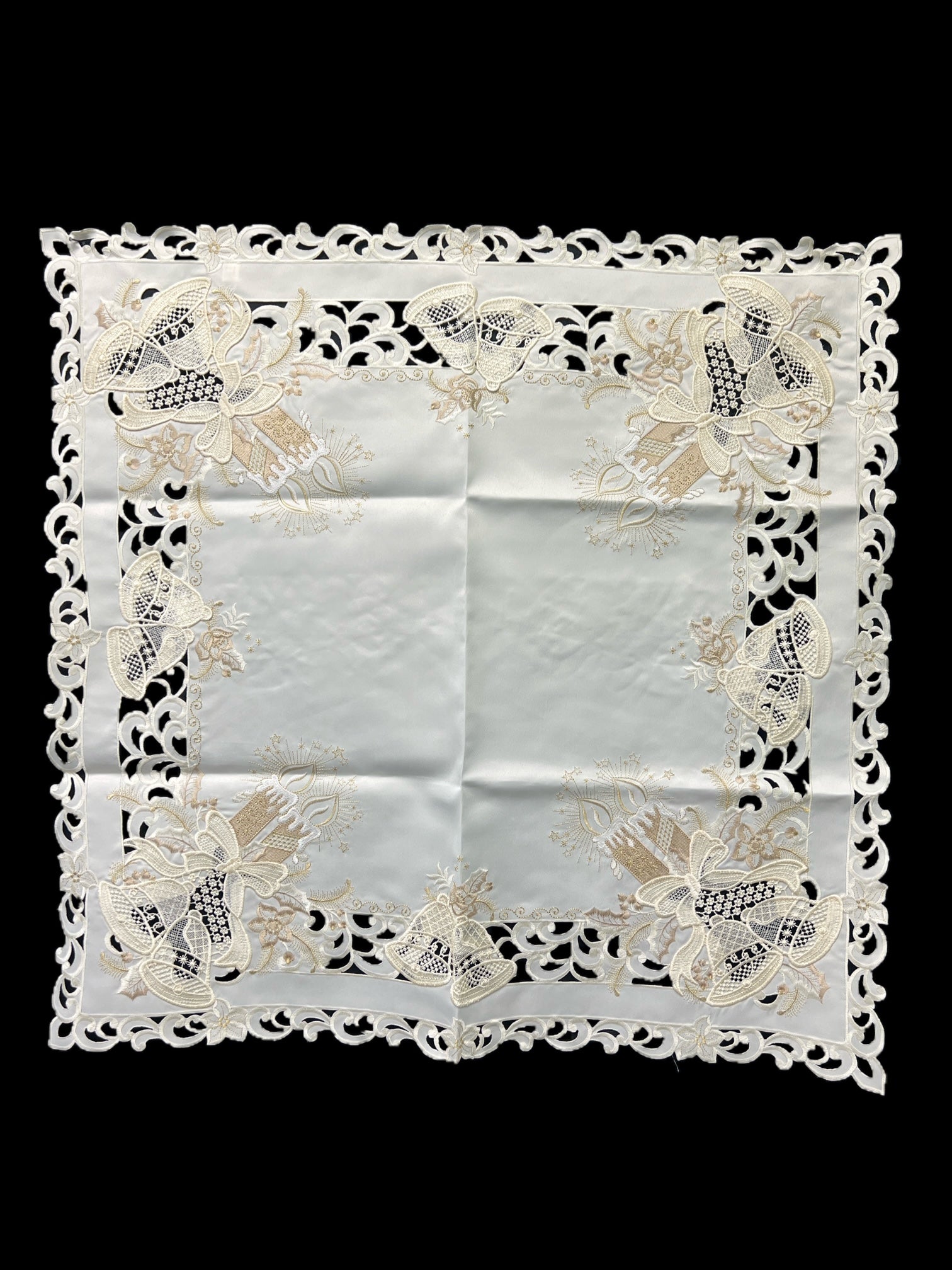 Christmas Candle Beige Lace Embroidered Cutwork Square tablecloth, 36 inch Square