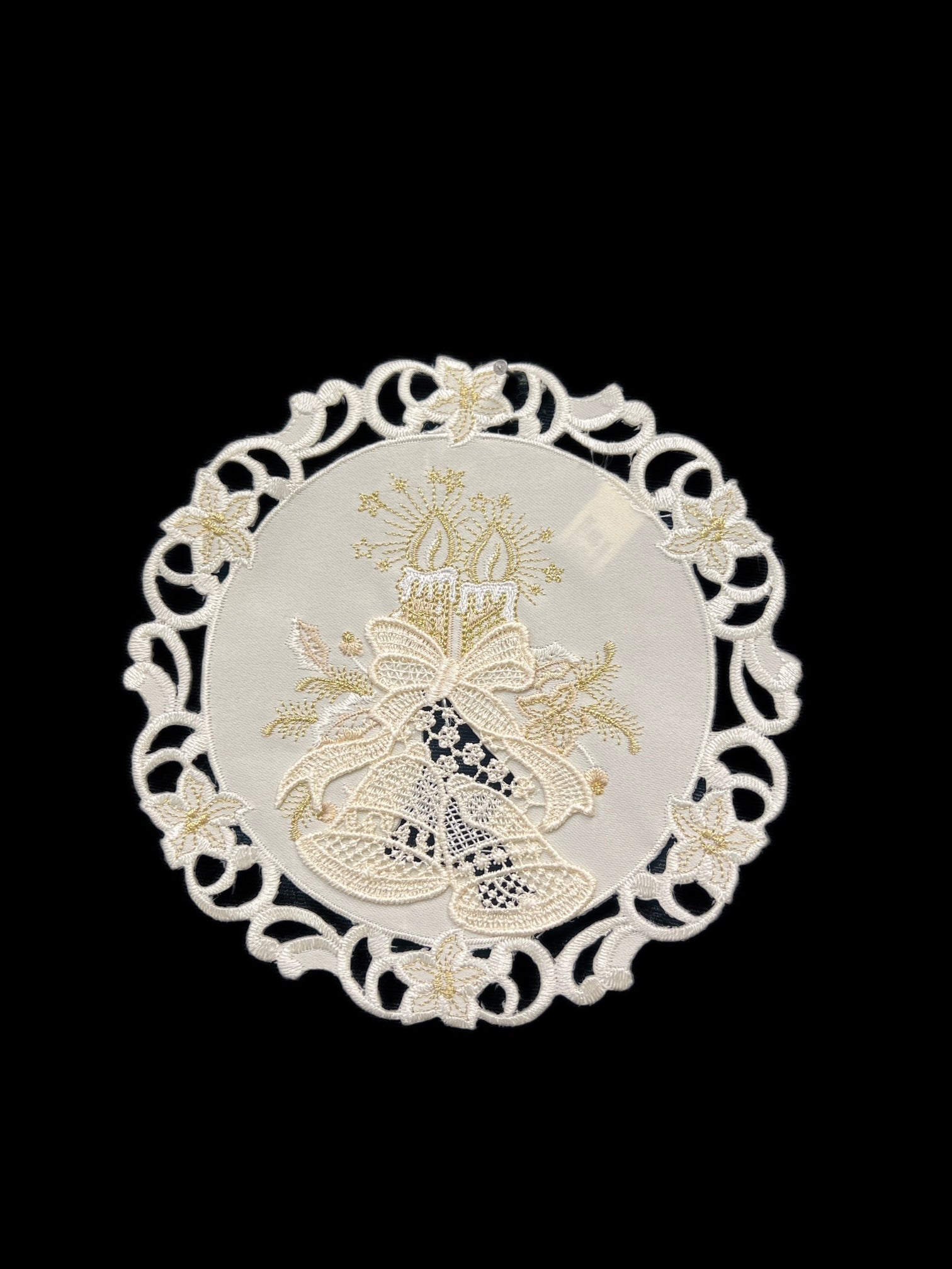 Christmas Candle Beige Lace Embroidered Cutwork Round Placemat, 8-Inch diameter