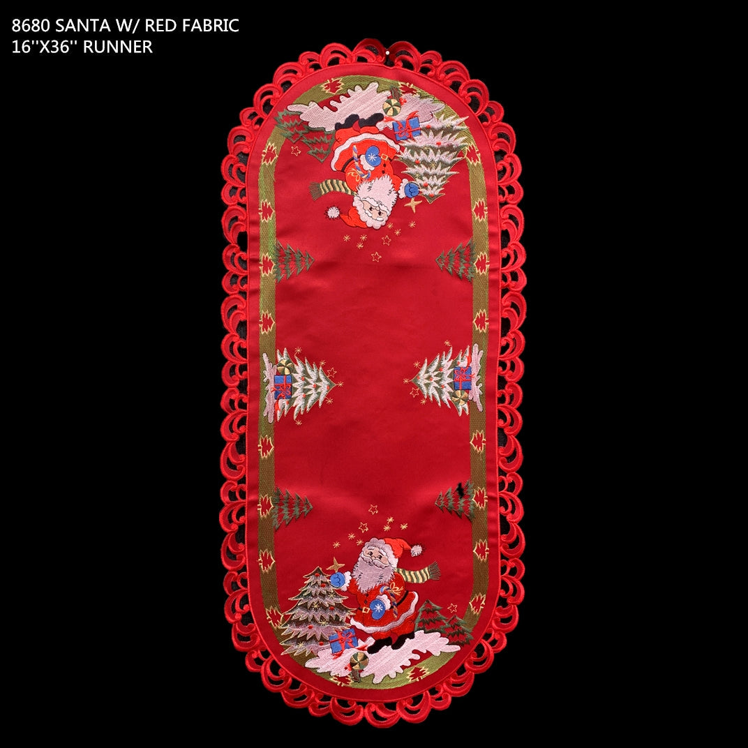 Santa Red Embroidered Cutwork Rectangular Table Runner, 15 by 43  inch