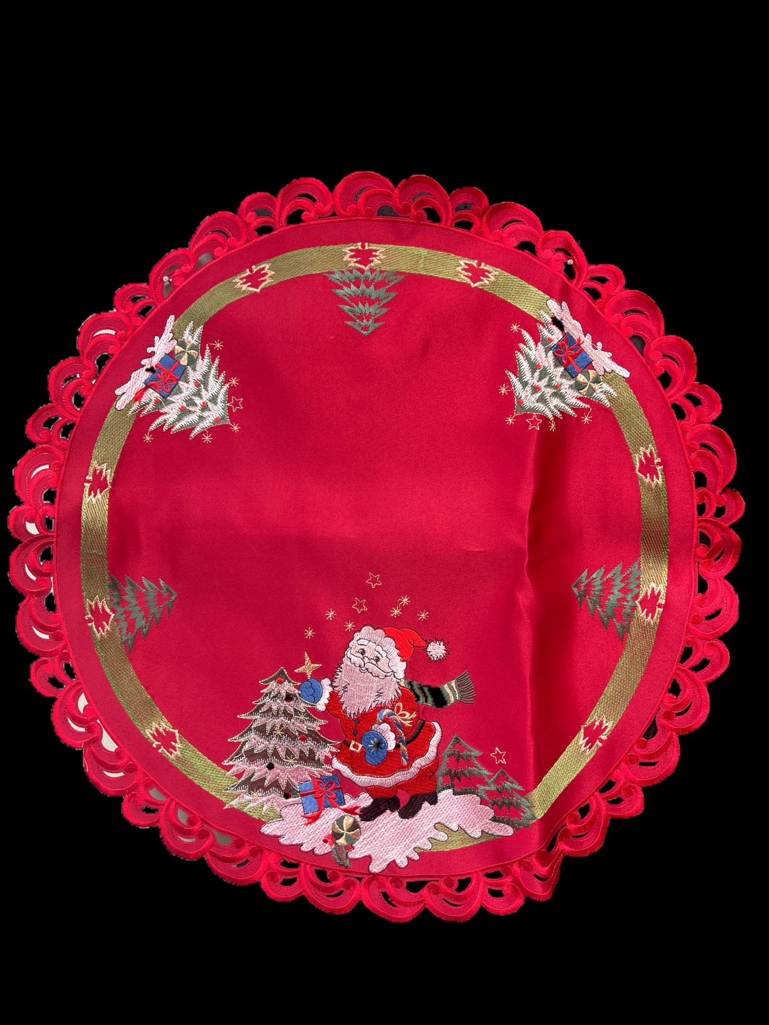 Santa Red Embroidered Cutwork Round Placemat, 23-Inch diameter