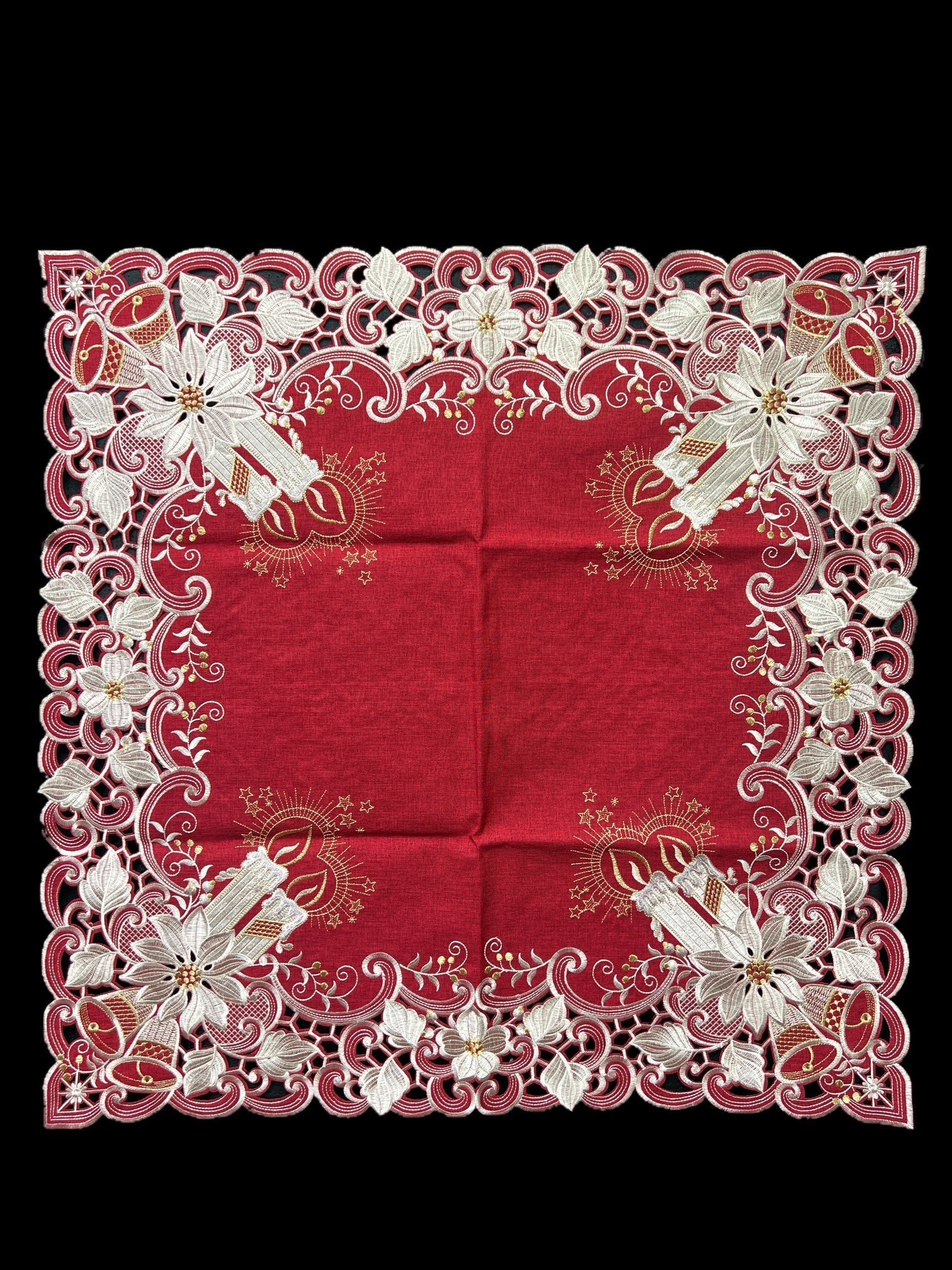 Poinsettia Embroidered Cutwork Square tablecloth, 36 inch Square