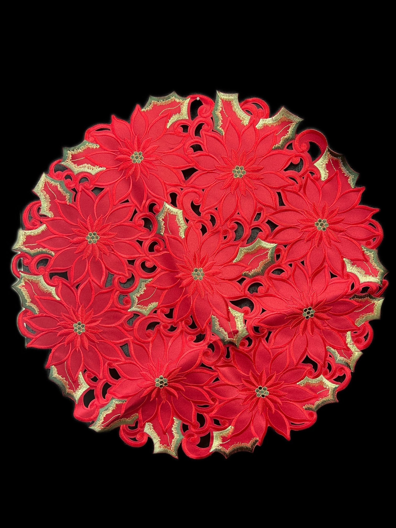 Poinsettia and Green Leaf Embroidered Cutwork Round Placemat, 23-Inch diameter