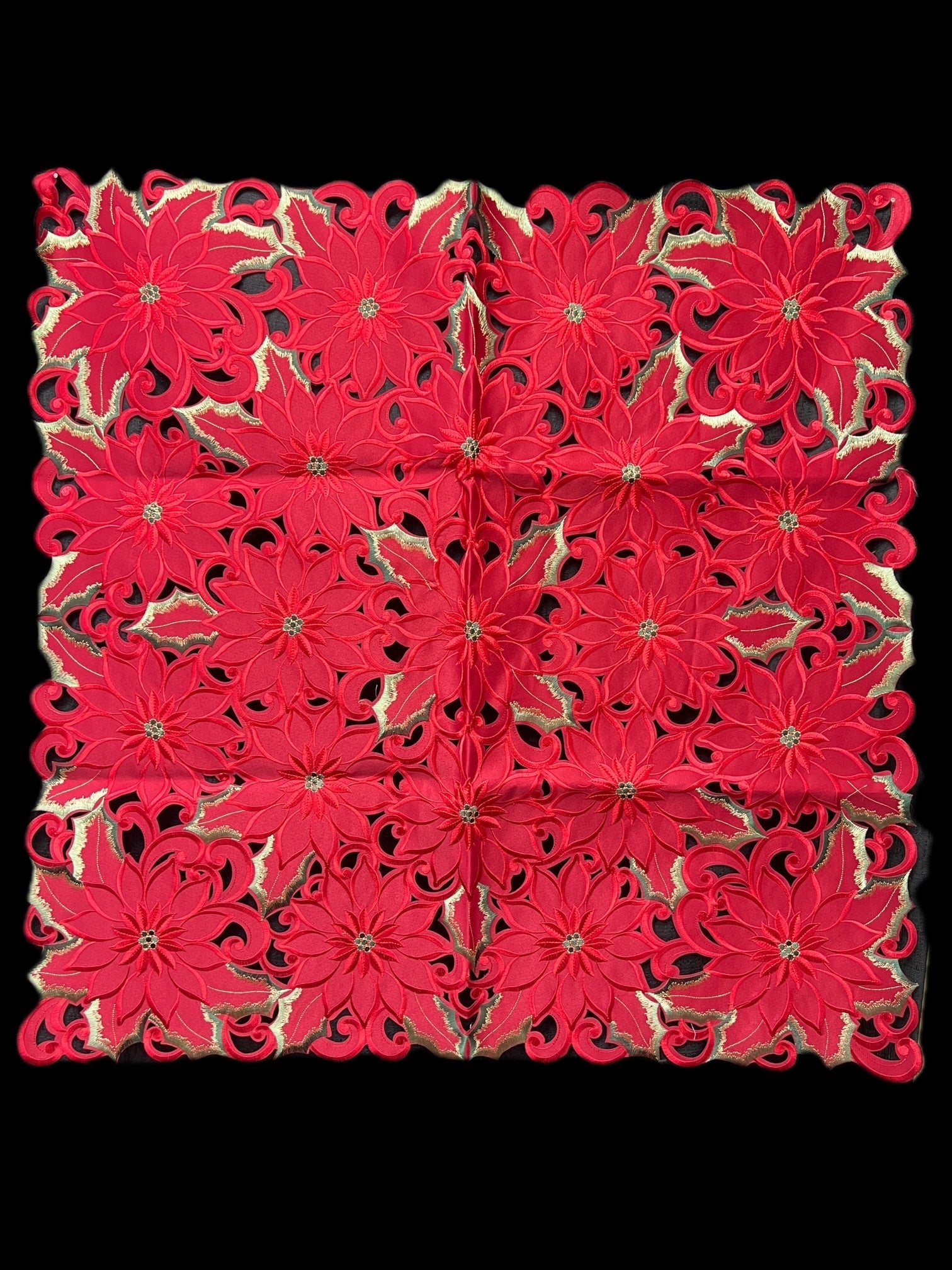 Poinsettia and Green Leaf Embroidered Cutwork Square tablecloth, 36 inch Square