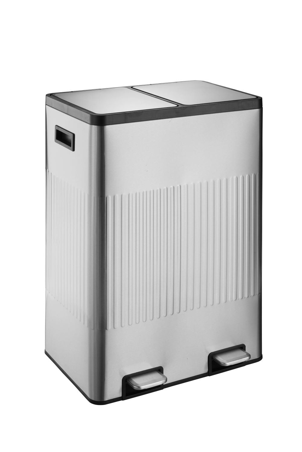 60L (30LX2) Stainless steel 2 compartments garbage and recycling bins with elegant linear embossment, soft-close lids and soft pedal.