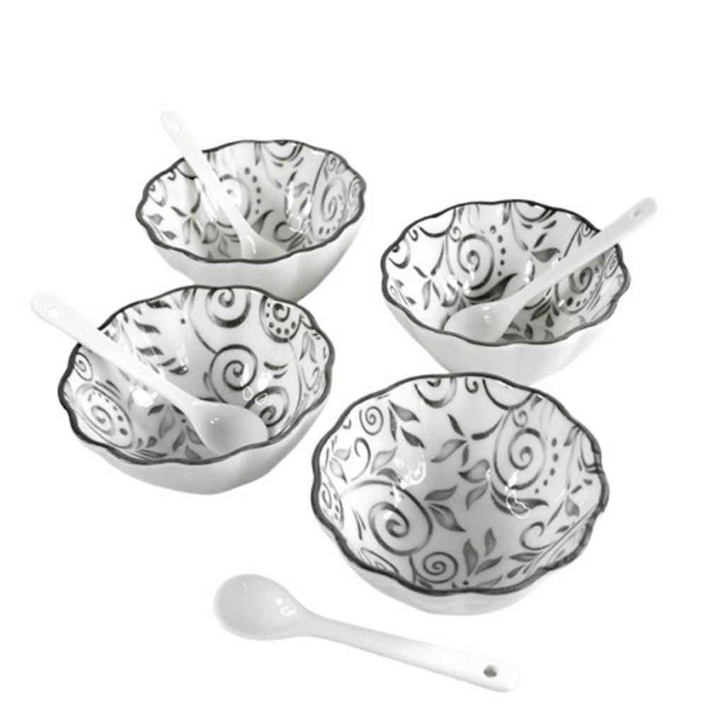Porcelain Floral Bowl & Spoon Set, Set of 4