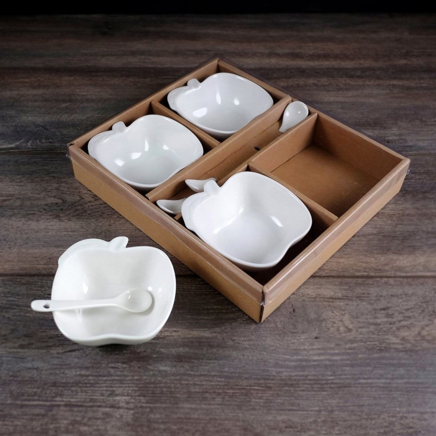 Apple Shaped Porcelain Snack Bowl with Spoon, Set of 4