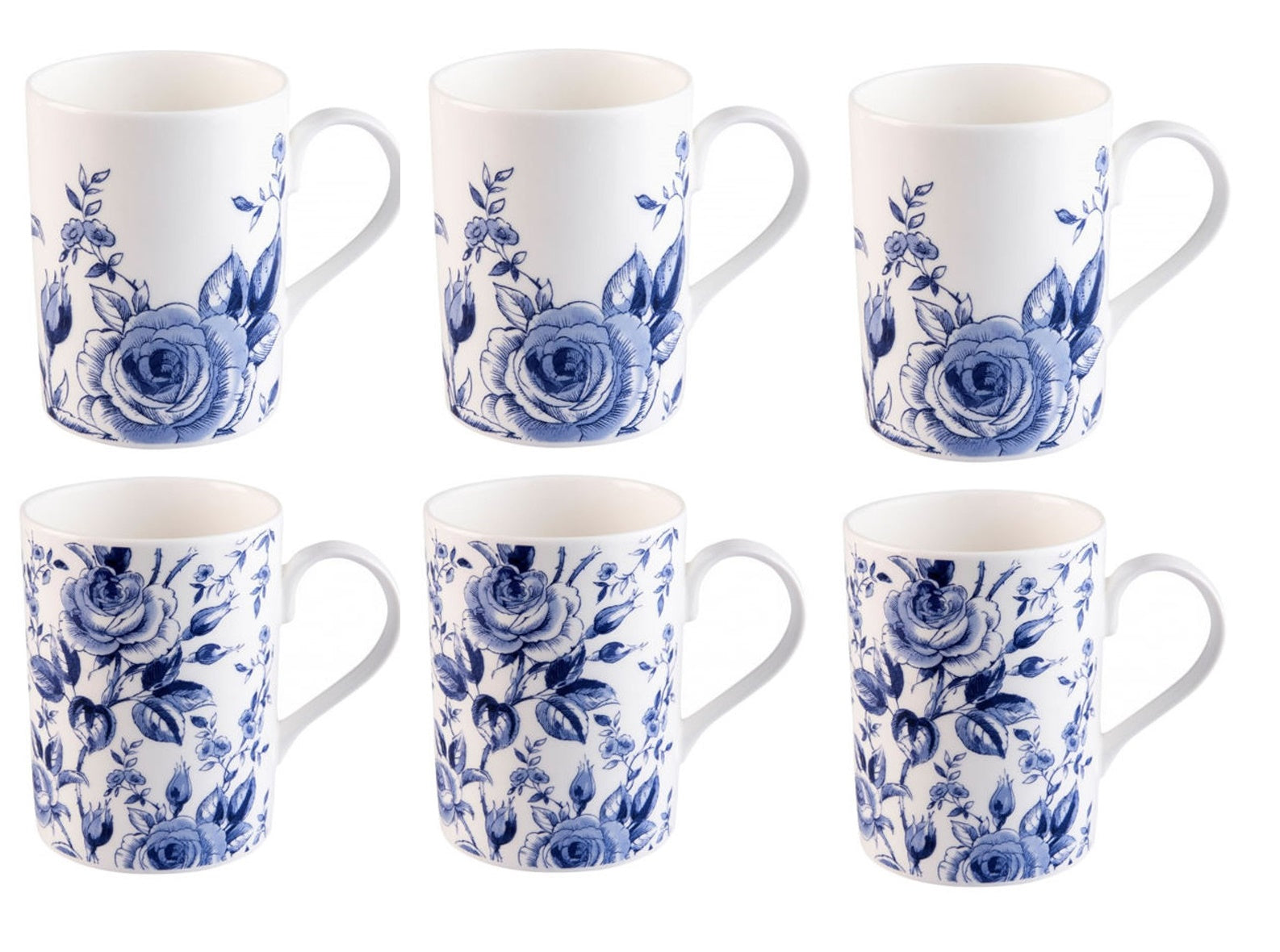 Roy Kirkham Lucy Mugs - English Blue Set of 6, Bone China Ceramic, Made in England