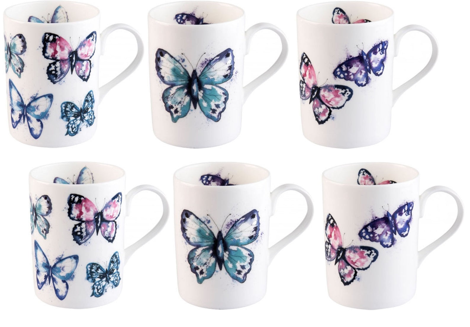 Roy Kirkham Lucy Mugs - Harmony Butterfly Set of 6, Bone China Ceramic, Made in England