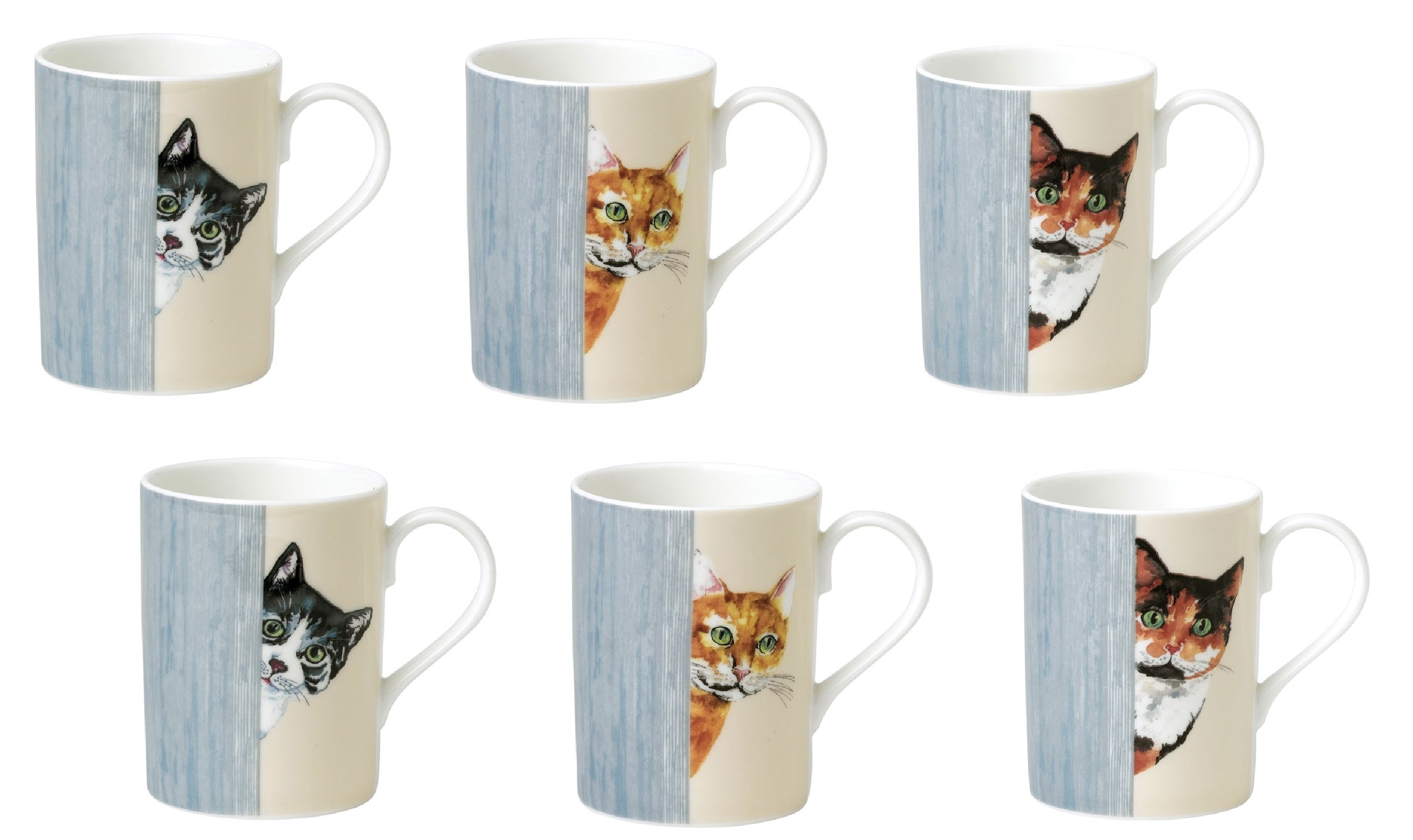 Roy Kirkham LUCY MUG-CAT THROUGH THE DOOR, Set of 6, Bone China Ceramic, Made in England
