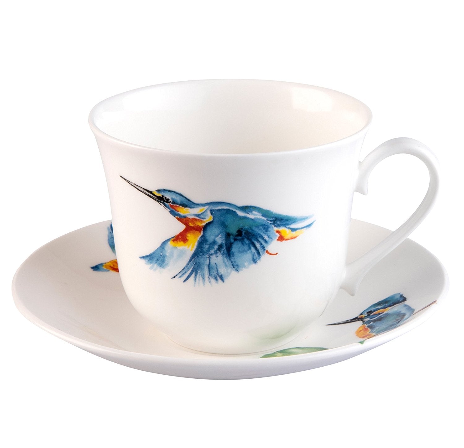 Roy Kirkham Breakfast Cups & Saucers - Kingfisher Glory Set of 2, Bone China Ceramic, Made in England