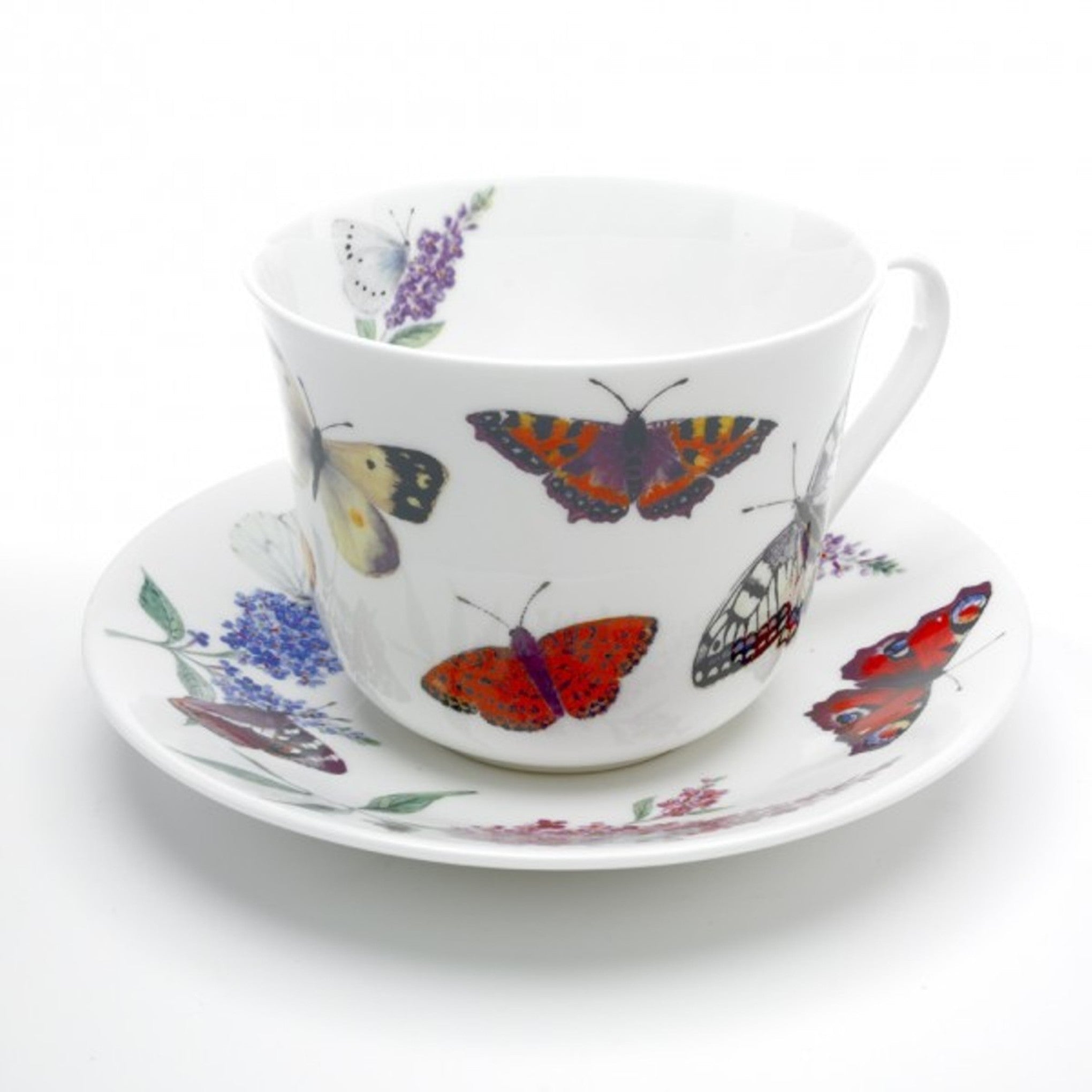 Roy Kirkham Breakfast Cup/Saucers - Butterfly Garden Set of 2, Bone China Ceramic Made in England
