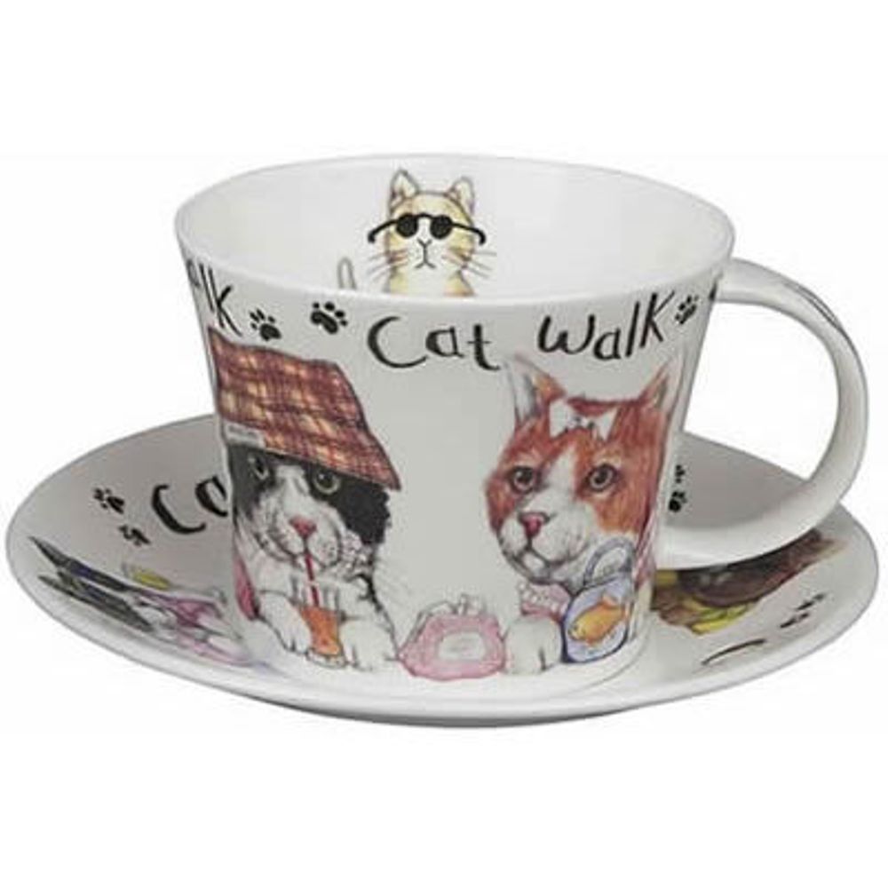 Roy Kirkham Animal Fashion Cat Breakfast Cup & Saucer in Fine Bone China, Set of 2, Ceramics, Made in England