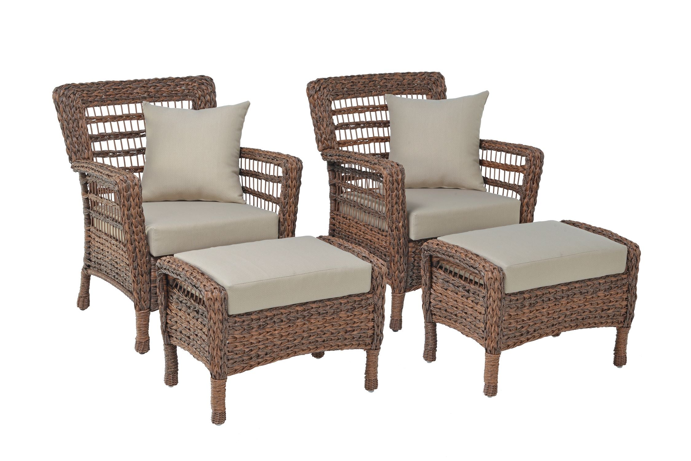 Faux Sea Grass Resin Rattan Relaxing Set of 2 Armchairs and 2 Ottomans