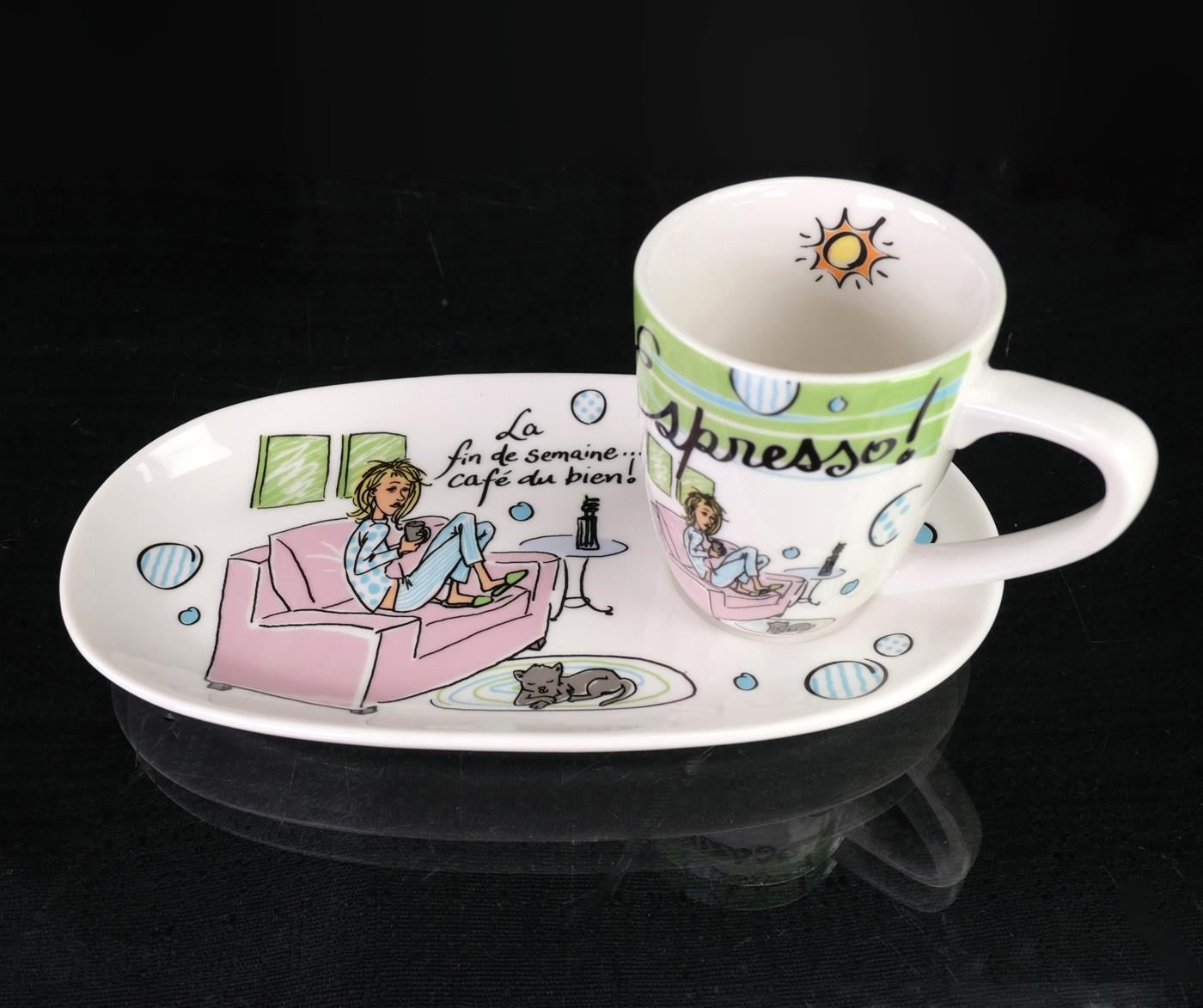 La fin de semaine cafe du bien Espresso 80cc Cup and Saucer Set of 2