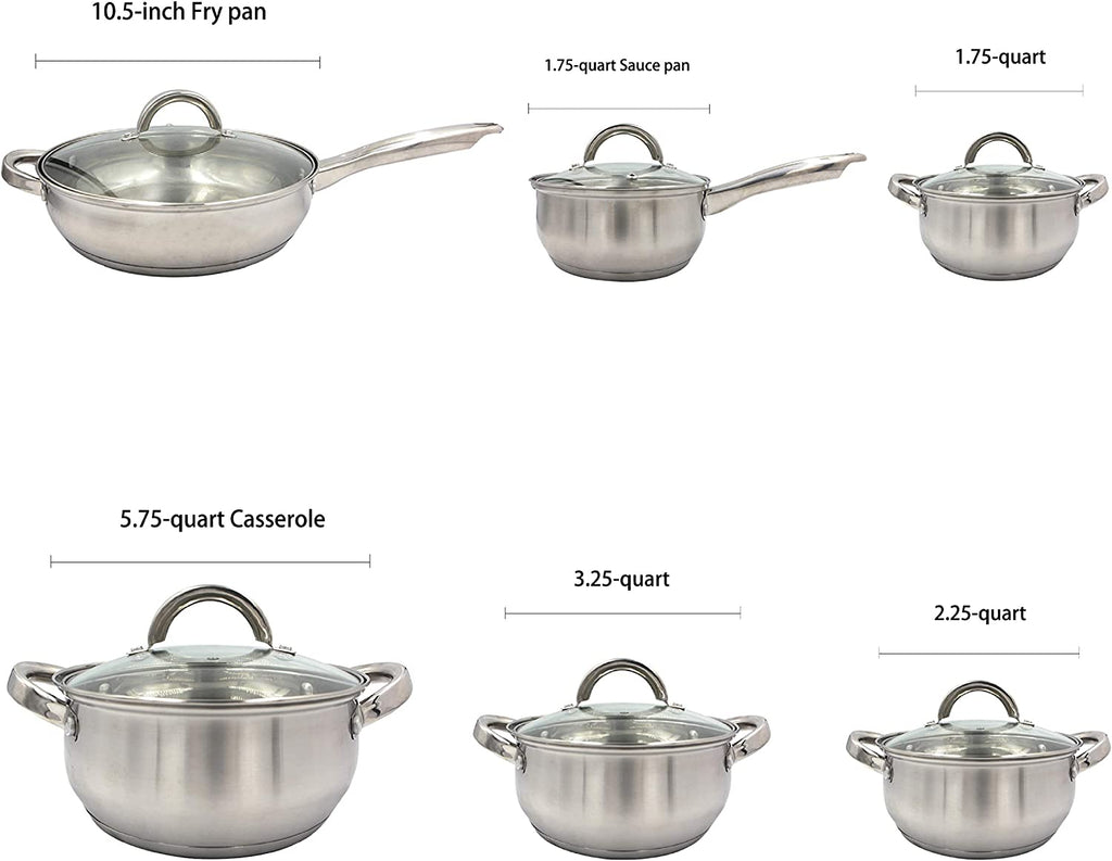 12-Piece Stainless Steel Cookware Sets with Glass Lid