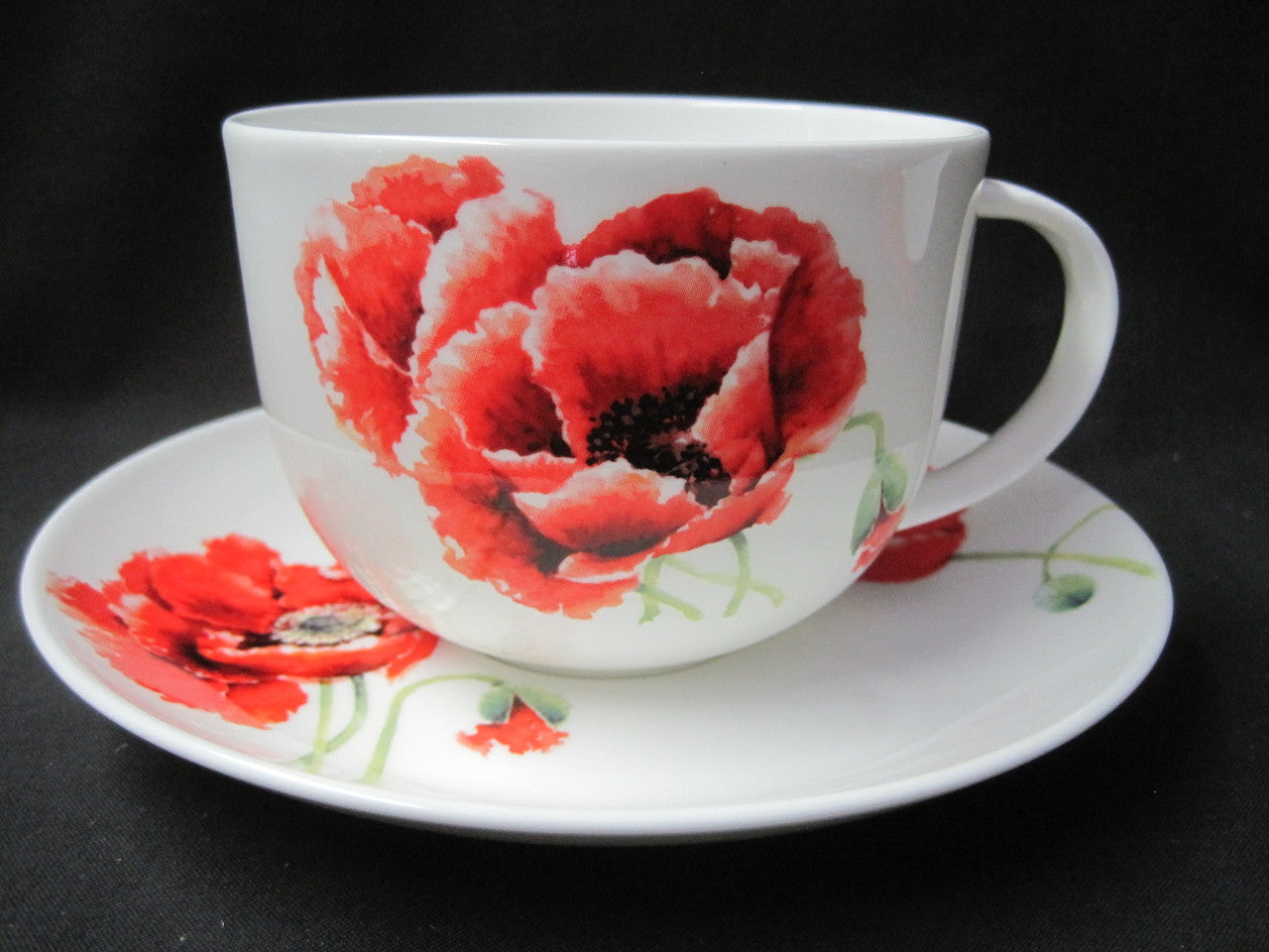 Roy Kirkham Breakfast Cup/Saucer - Garden Poppy Set of 2, Bone China Ceramic Made in England